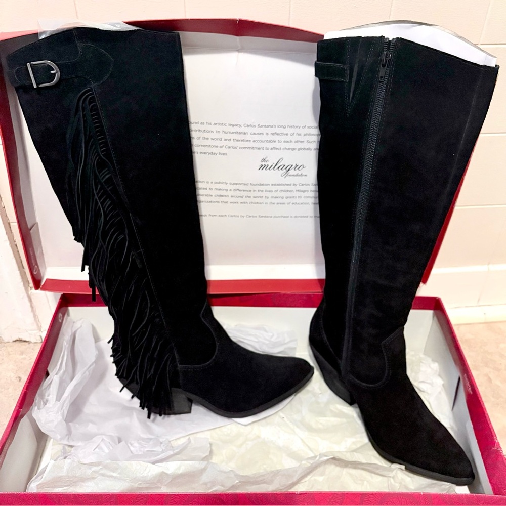 Carlos Santana Genuine Thigh High Suede Leather Tassel Boots With Fringe Side